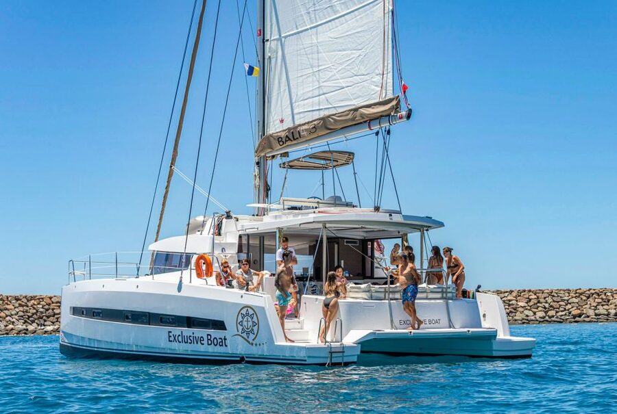 A catamaran anchored off the south coast of Gran Canaria